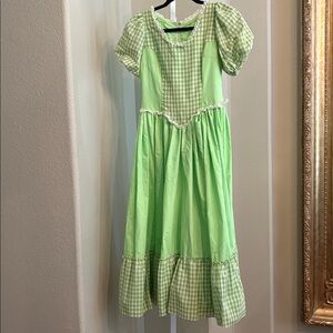 Green Gingham Dress with Puff Sleeves and scarf